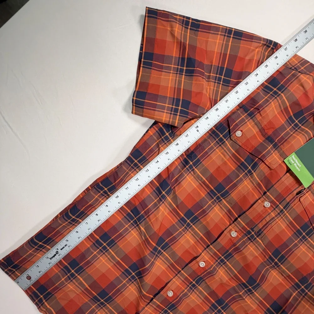 LL Bean SunSmart Cool Weave Mens Med Orange Plaid Short Slv Shirt 513149 420‎